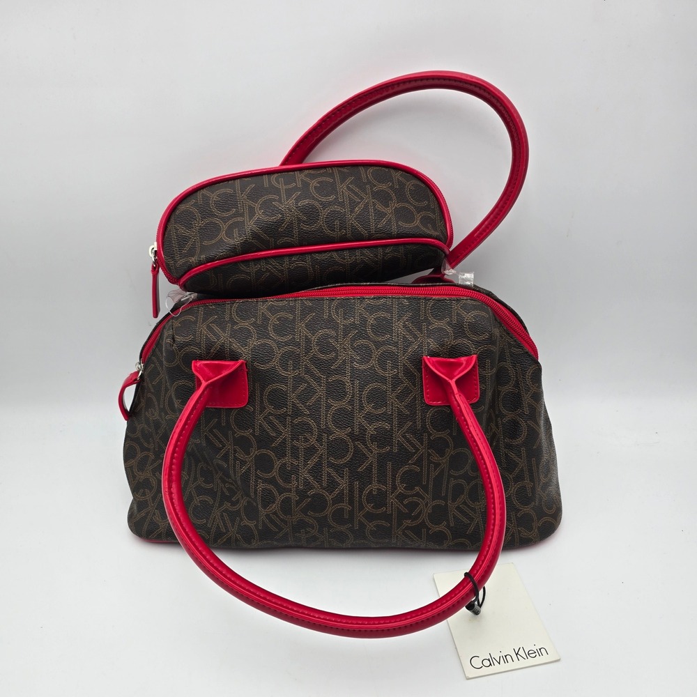 Calvin Klein Monogrammed Dome Satchel Handbag with Matching Pouch Red Accents
